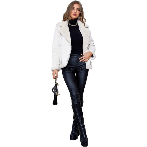 Women Beige Faux Shearling Moto Jacket Thick Lined Winter Leather Coat - Picture 4 of 5